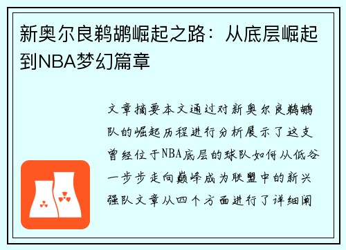 新奥尔良鹈鹕崛起之路：从底层崛起到NBA梦幻篇章