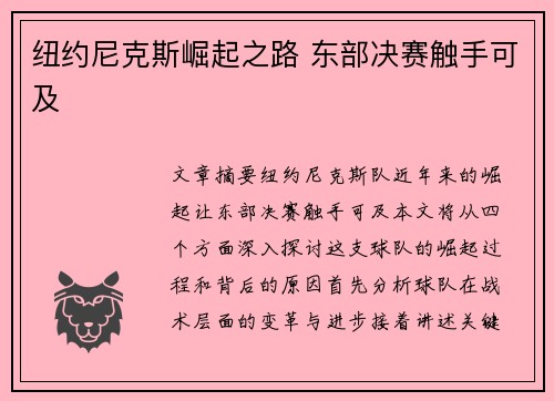 纽约尼克斯崛起之路 东部决赛触手可及