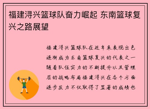 福建浔兴篮球队奋力崛起 东南篮球复兴之路展望