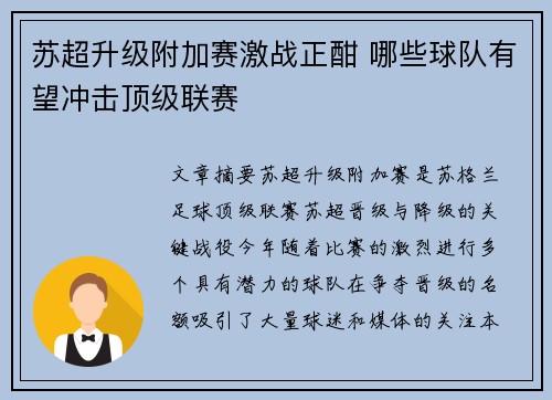 苏超升级附加赛激战正酣 哪些球队有望冲击顶级联赛