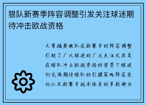 狼队新赛季阵容调整引发关注球迷期待冲击欧战资格