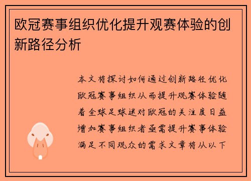 欧冠赛事组织优化提升观赛体验的创新路径分析