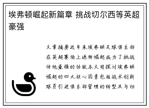 埃弗顿崛起新篇章 挑战切尔西等英超豪强