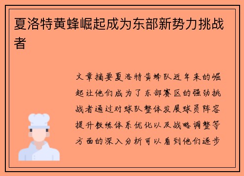 夏洛特黄蜂崛起成为东部新势力挑战者