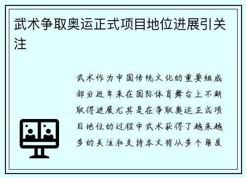 武术争取奥运正式项目地位进展引关注